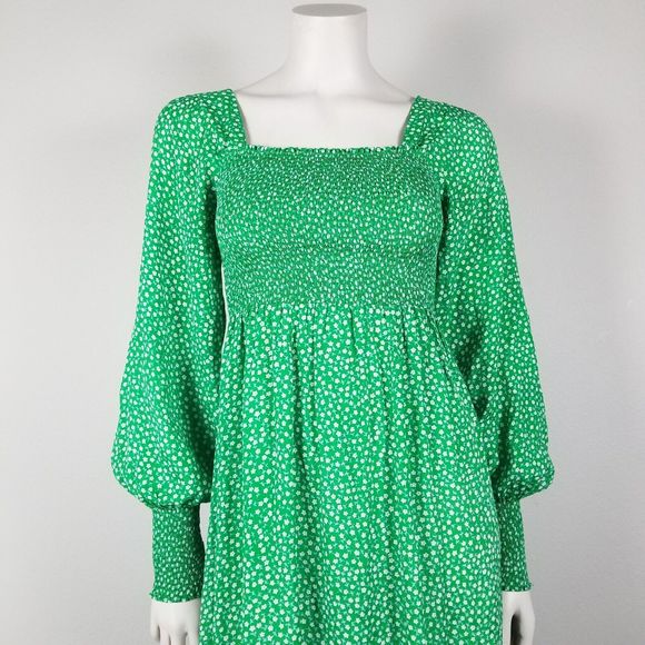 Rixo Marianne Green Micro Floral Smocked Prarie Silk Blend Midi Dress Size XXS - Picture 4 of 14